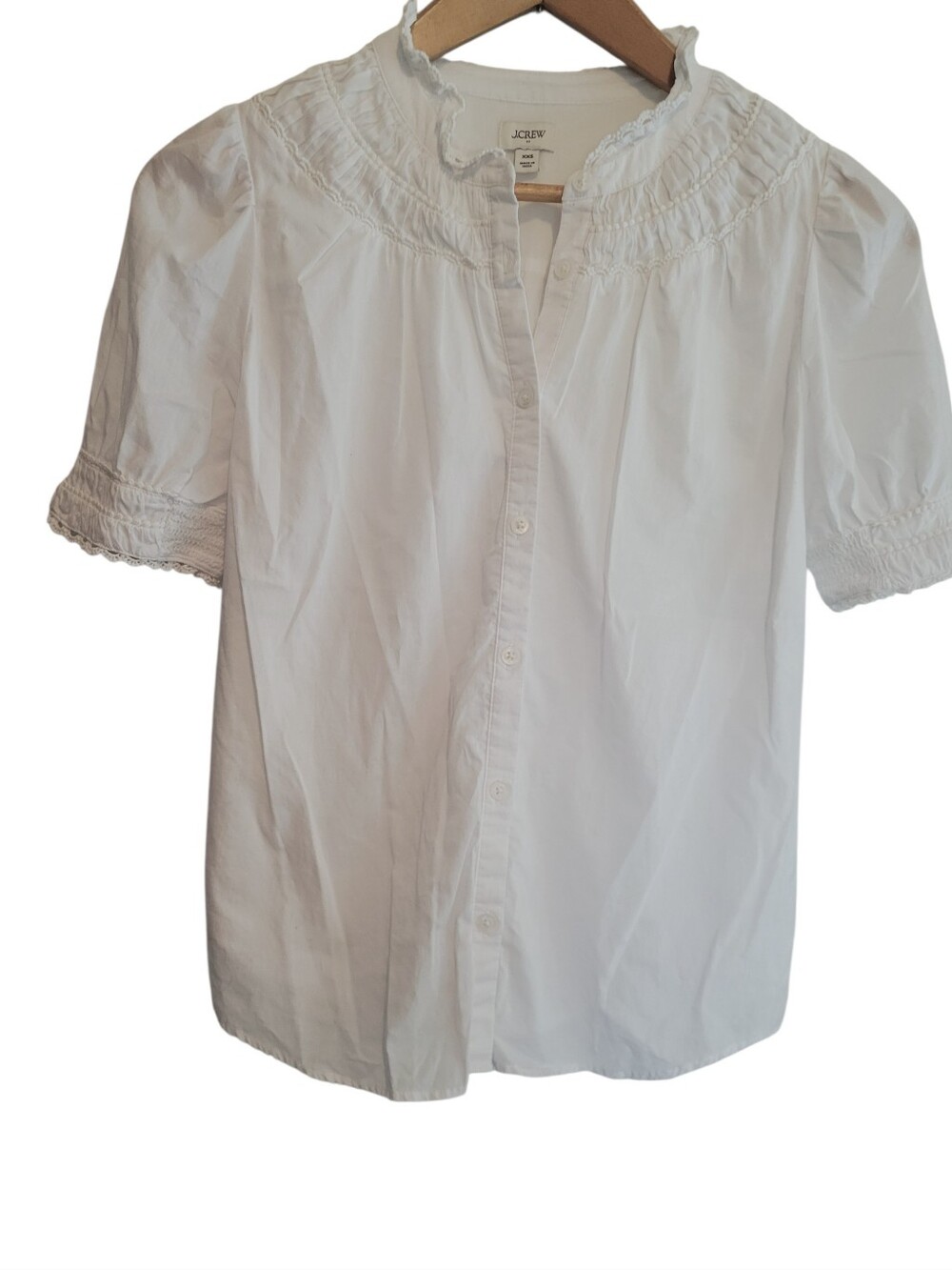 J.Crew Factory White Cotton Crochet Smocked High Neck Puff Sleeve Blouse XXS